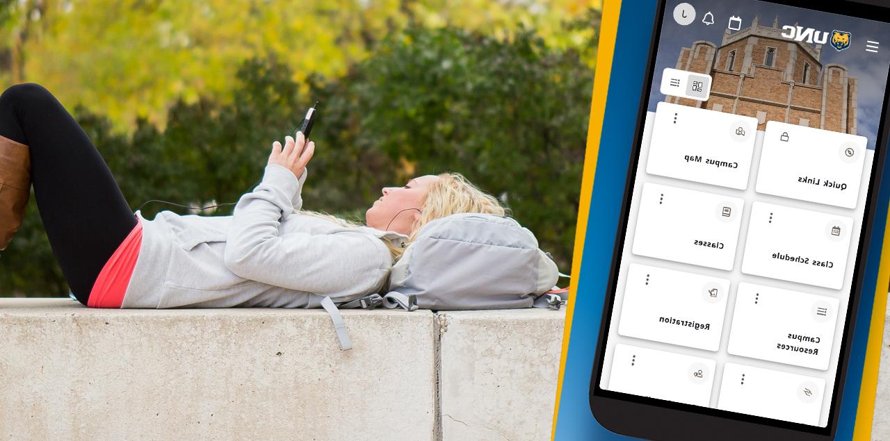 Inset photo of the my unc mobile app screen next to a student looking at a cell phone.